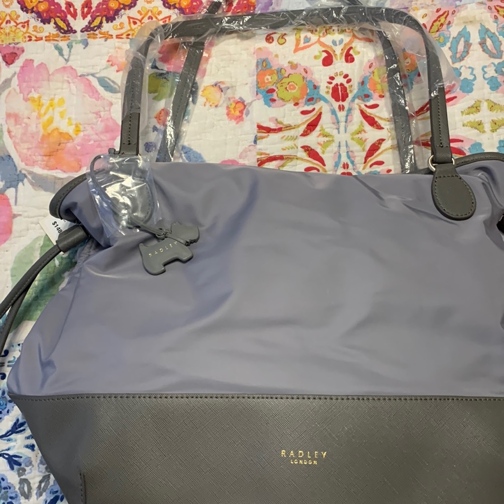 NWT Radley London handbag. Blueish Gray nylon and leather. App 14x12x9.